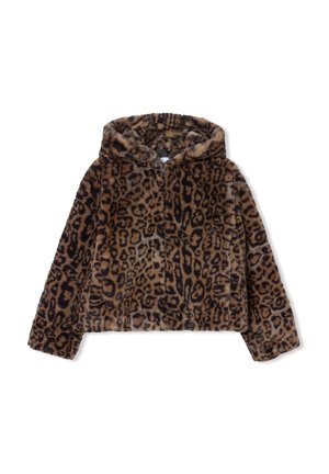 Felpa con cappuccio in pelliccia sintetica con stampa leopardata, maniche lunghe e zip frontale, progettata per calore e stile.