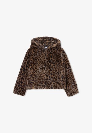 Felpa con cappuccio in pelliccia sintetica con stampa leopardata, maniche lunghe e zip frontale, progettata per calore e stile.