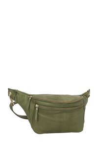 Marsupio in pelle verde oliva con due scomparti con zip, un corpo principale più ampio e una tracolla. Accentuato con dettagli in metallo dorato.
