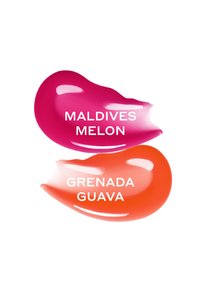 Bright pink and orange glossy lipstick swatches labeled Maldives Melon and Grenada Guava on a white background.