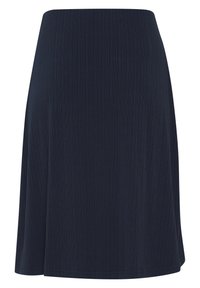 Tummansininen, polvipituinen hame, jossa on ribbitoiminen pinta ja joustava vyötärö. A-linjainen malli ilman näkyviä kuvioita tai metalliosia.