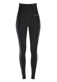 Leggings neri a vita alta realizzati in un tessuto elasticizzato e liscio, con cuciture piatte e tasche laterali per comodità.