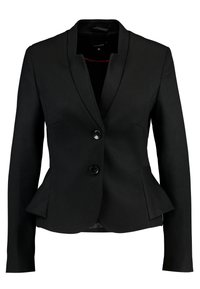 Zwarte blazer van gestructureerde stof met een slim fit. Heeft een notch-kraag, twee zwarte knopen en een geplooid detail aan de achterkant.