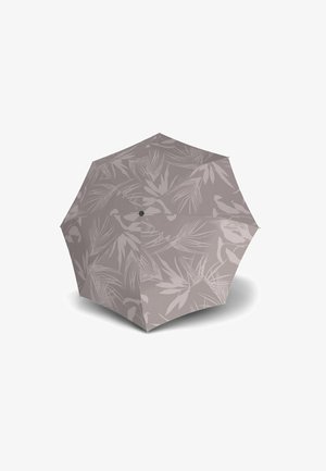 Brown umbrella with a leaf pattern, eight-panel design, rounded top, and a small black button in the center for opening and closing.