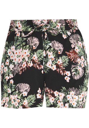Shorts floraux en tissu noir présentant un motif vibrant de fleurs roses et blanches avec des feuilles vertes, taille élastique avec détail de lien.