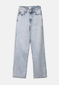 Jean droit bleu clair en denim, doté de deux poches avant, d'une fermeture à bouton et de coutures contrastées le long des coutures.