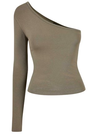 Top verde oliva a maniche lunghe con design a spalla unica. Realizzato in un tessuto morbido, presenta una silhouette aderente e una texture liscia.