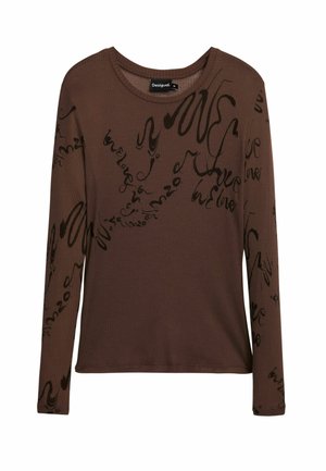Brown long-sleeve ribbed top featuring black handwritten text patterns. Rounded neckline with a relaxed fit and stretchable texture.