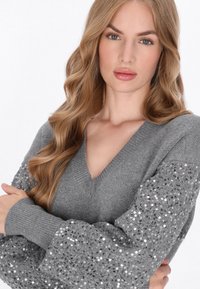 Grijze trui met V-hals, met een textuur gebreid lijf en glinsterende mouwversieringen van pailletten. Zachte stof met ribgebreide manchetten.