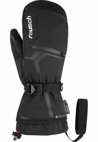 Schwarze wasserdichte Handschuhe mit einer synthetischen Außenseite, Lederverstärkung an der Handfläche, verstellbarem Handgelenkriemen und Isolierung für Wärme.