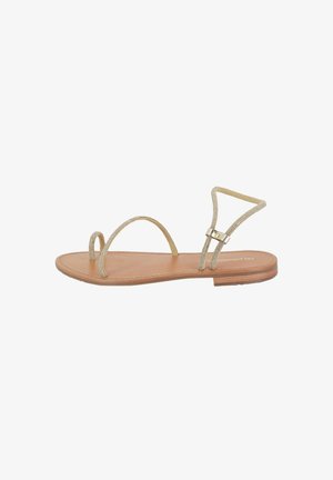 Sandales plates en or avec de fines brides croisées et une boucle. Semelle intérieure en cuir marron et semelle plate, présentant un design et des détails minimalistes.