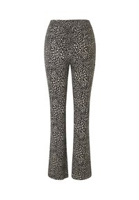 Pantalons évasés noirs avec un motif léopard en beige et noir. Confectionnés dans un tissu lisse et extensible pour plus de confort. Design taille haute.