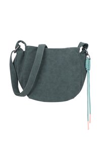 Borsa a spalla in ecopelle verde scuro con forma curvilinea, tracolla regolabile e dettaglio decorativo con nappina.