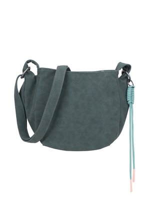 Dark green faux leather shoulder bag with a curved shape, adjustable strap, and decorative tassel accent.