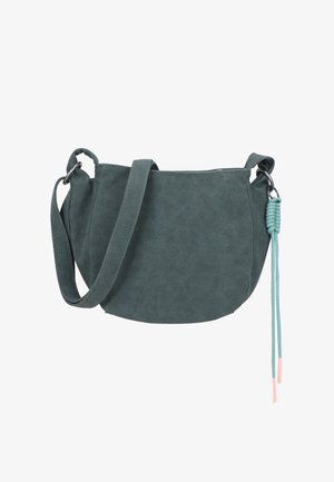Borsa a spalla in ecopelle verde scuro con forma curvilinea, tracolla regolabile e dettaglio decorativo con nappina.
