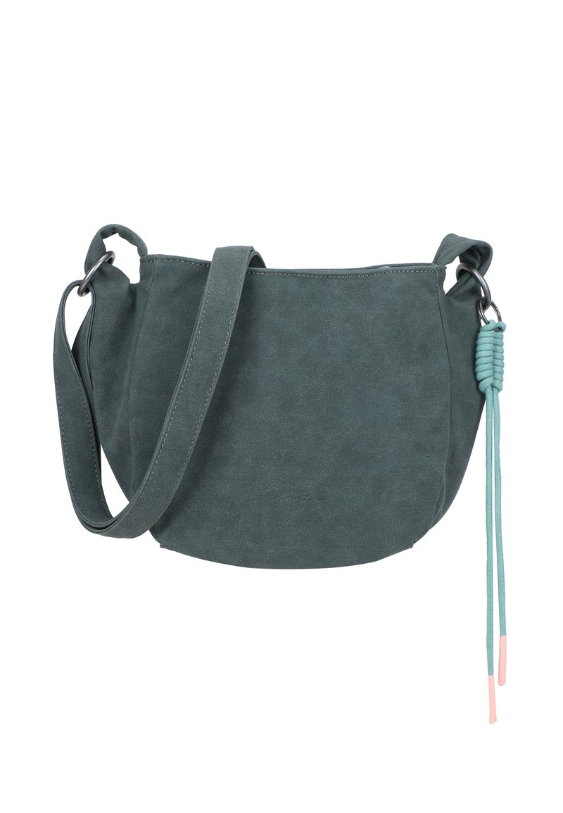 Borsa a spalla in ecopelle verde scuro con forma curvilinea, tracolla regolabile e dettaglio decorativo con nappina.