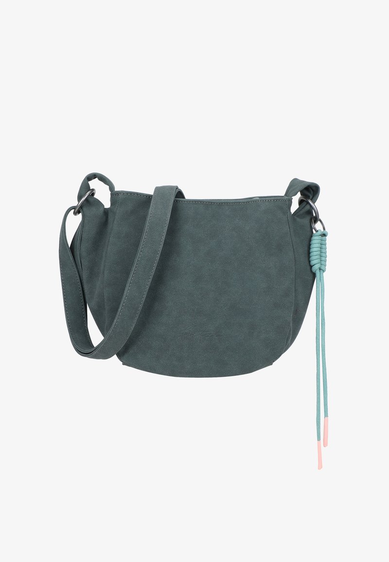 Borsa a spalla in ecopelle verde scuro con forma curvilinea, tracolla regolabile e dettaglio decorativo con nappina.