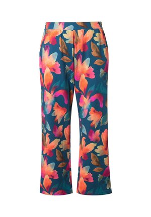 Pantaloni a gamba larga con stampa floreale su sfondo blu, con fiori arancioni, rosa e verdi. Realizzati in tessuto morbido con vita elasticizzata.