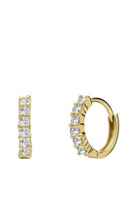 Goldfarbene Creolen mit neun klaren, runden Kristallen in einer Krappenfassung, die mit einer polierten Oberfläche und schlankem Design überzeugen.