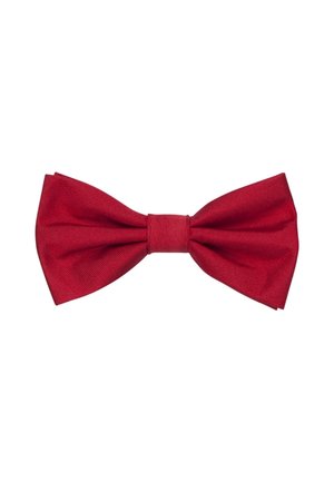 Red bow tie made of textured fabric, featuring a classic shape with a central knot. Smooth finish with no visible patterns or accents.