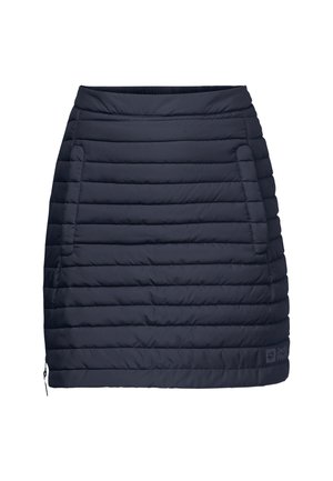 Zwarte doorgestikte geïsoleerde rok met horizontale stiksels, zijzakken en een rits aan de onderzoom voor een verstelbare pasvorm.