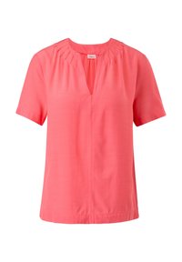 Blouse corail à manches courtes avec un col en V et des détails froncés aux épaules. Tissu lisse, coupe décontract ée et ourlet droit.