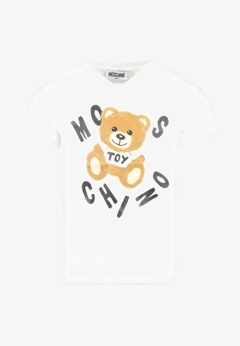 Weißes Baumwoll-T-Shirt mit einem Cartoon-Bären und "MOSCHINO" in schwarzen Buchstaben. Der Bär trägt ein weißes Shirt mit dem Aufdruck "TOY".