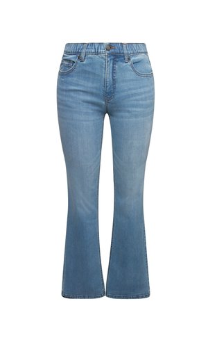 Jeans flared in denim azzurro chiaro con vita alta, cinque tasche e cuciture in contrasto. Il tessuto ha una texture liscia con un leggero sbiadimento.