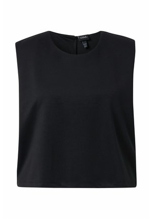 Czarny, bezrękawnikowy krótki top z okrągłym dekoltem i usztywnionymi ramionami, zapinany na zamek z tyłu.