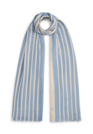 Καφέρη μπλε και κρεμ ριγέ κασκόλ με μαλακό, υφασμάτινο υλικό· διαθέτει λεπτομέρεια λογότυπου σε μια γωνία και ξεφτισμένα άκρα.