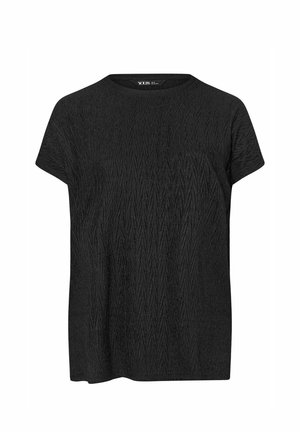 Czarny krótkoszary T-shirt z wzorem o teksturze przypominającym ukośne linie, wykonany z miękkiego materiału, z okrągłym dekoltem.