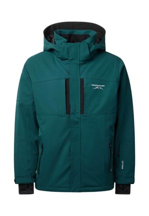 Veste d'extérieur bleu sarcelle avec capuche, fermeture éclair avant couverte par un rabat, deux poches verticales à fermeture éclair sur la poitrine et logo de la marque sur la poitrine gauche.