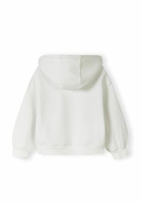 Vit huva sweatshirt med avslappnad passform, ribbade ärmar och nederkant, slät textur och en enda kenguruficka.