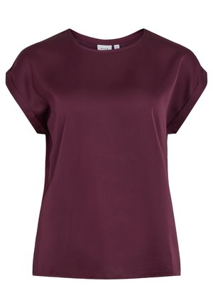 Burgundin lyhythihaisen paidan, jossa on pyöreä kaula-aukko, valmistettu sileästä, kevyestä kankaasta, jossa on löysä istuvuus ja yksinkertainen muotoilu.