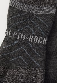Grijze sokken van gestructureerde stof met een zigzagpatroon en de tekst "ALPIN-ROCK" in het wit. Ontworpen voor buitensportactiviteiten.