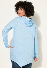 Sudadera con capucha de manga larga en azul claro, fabricada con un tejido texturizado y suave. Cuenta con un cordón en la capucha y un dobladillo curvado. Adecuada para un uso casual.