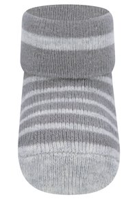 Calzino grigio lavorato a maglia con strisce bianche, dotato di un polsino a coste. Il materiale sembra morbido ed elastico, con un design della punta arrotondata.