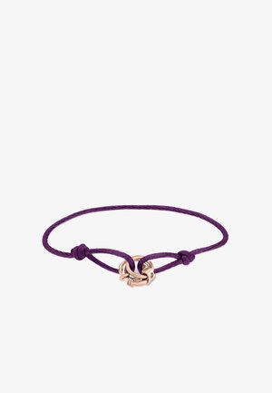 Lila Armband mit einem zentralen, runden Knoten aus Roségold und zwei verstellbaren Knoten auf jeder Seite.