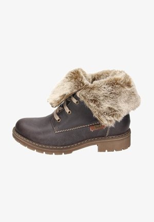 Brown leather ankle boot with a faux fur cuff, lace-up design, beige stitching, and a chunky rubber sole for traction.