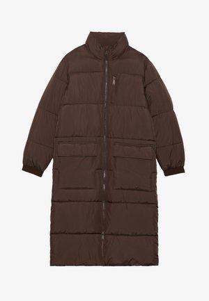 Brown puffer coat featuring a high collar, long sleeves, zip front, two large patch pockets, and ribbed cuffs, with a quilted texture.