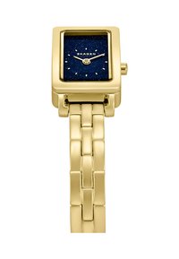 Montre carrée en ton or avec un cadran bleu étoilé profond, des repères horaires minimalistes et un bracelet en maille dorée. Surface polie avec un design élégant.