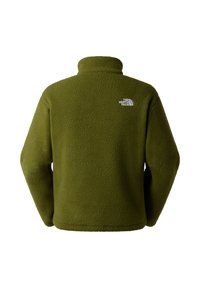 Fleece mikina v olivově zelené barvě, s vysokým límcem a dlouhými rukávy. Obsahuje malé logo na horní části zad, texturovaný povrch látky.