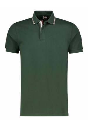 Mørkegrøn polo i bomuld med klassisk krave med stribede detaljer i hvid og rød samt korte ærmer.