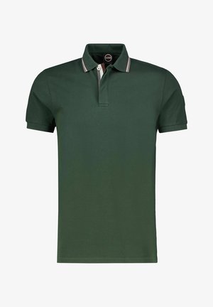 Donkergroen katoenen poloshirt met een klassieke kraag met witte en rode strepen en korte mouwen.