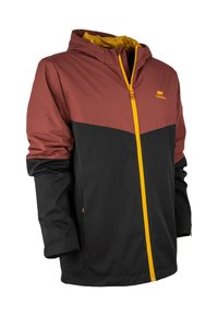 Giacca con cappuccio caratterizzata da una parte superiore color bordeaux e sezioni inferiori nere, con una zip gialla e un logo, realizzata in un materiale leggero e morbido.