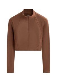 Smeđa cropped majica s dugim rukavima, visokim ovratnikom i prednjim patentnim zatvaračem, s detaljima šavova na prednjoj strani i raglan rukavima.