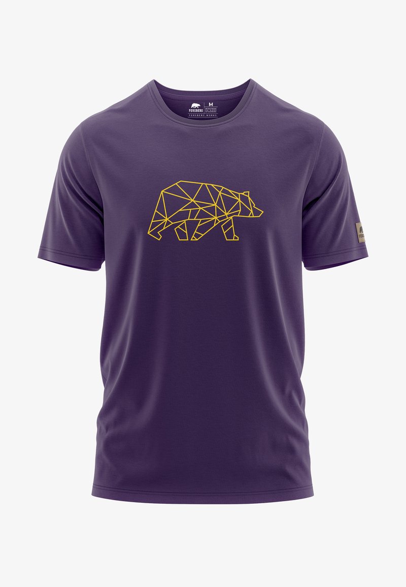 Lila T-Shirt mit kurzen Ärmeln, das ein geometrisches gelbes Bärenmotiv auf der Vorderseite zeigt. Hergestellt aus weichem, leichtem Stoff mit Rundhalsausschnitt.
