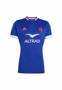Modrý ragbyový dres s červenými akcenty, vybavený polokošilovým límcem, krátkými rukávy a logem sponzora "ALTRAD" na přední straně a emblémem kohouta.