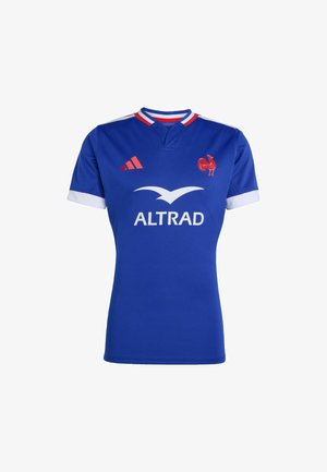 Blue rugby jersey with red accents, featuring a polo collar, short sleeves, and sponsor logo "ALTRAD" on the front and a rooster emblem.