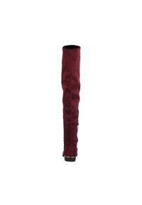 Bottes bordeaux au-dessus du genou en daim doux, avec un design ajusté, une texture lisse et un talon bas rehaussé d'or.